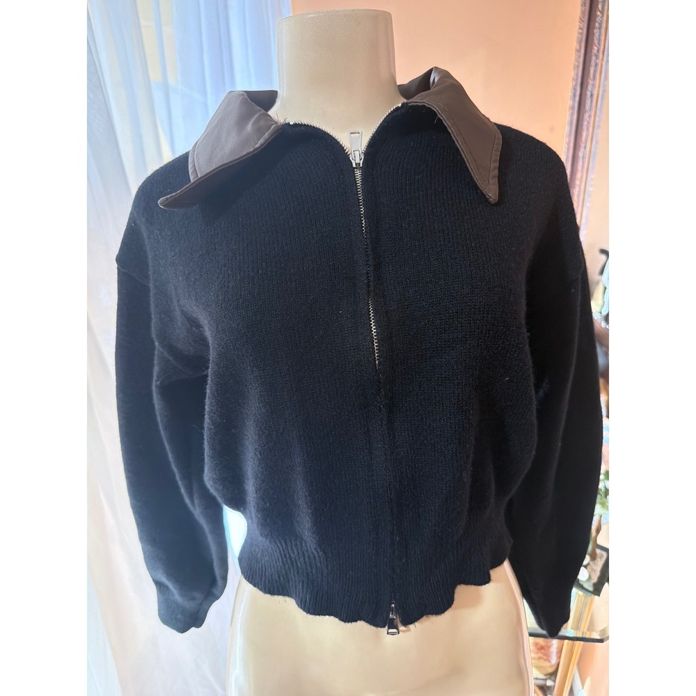 Black Knit Full Zip Sweater with Brown Faux Leather Collar Cropped Bomber Style